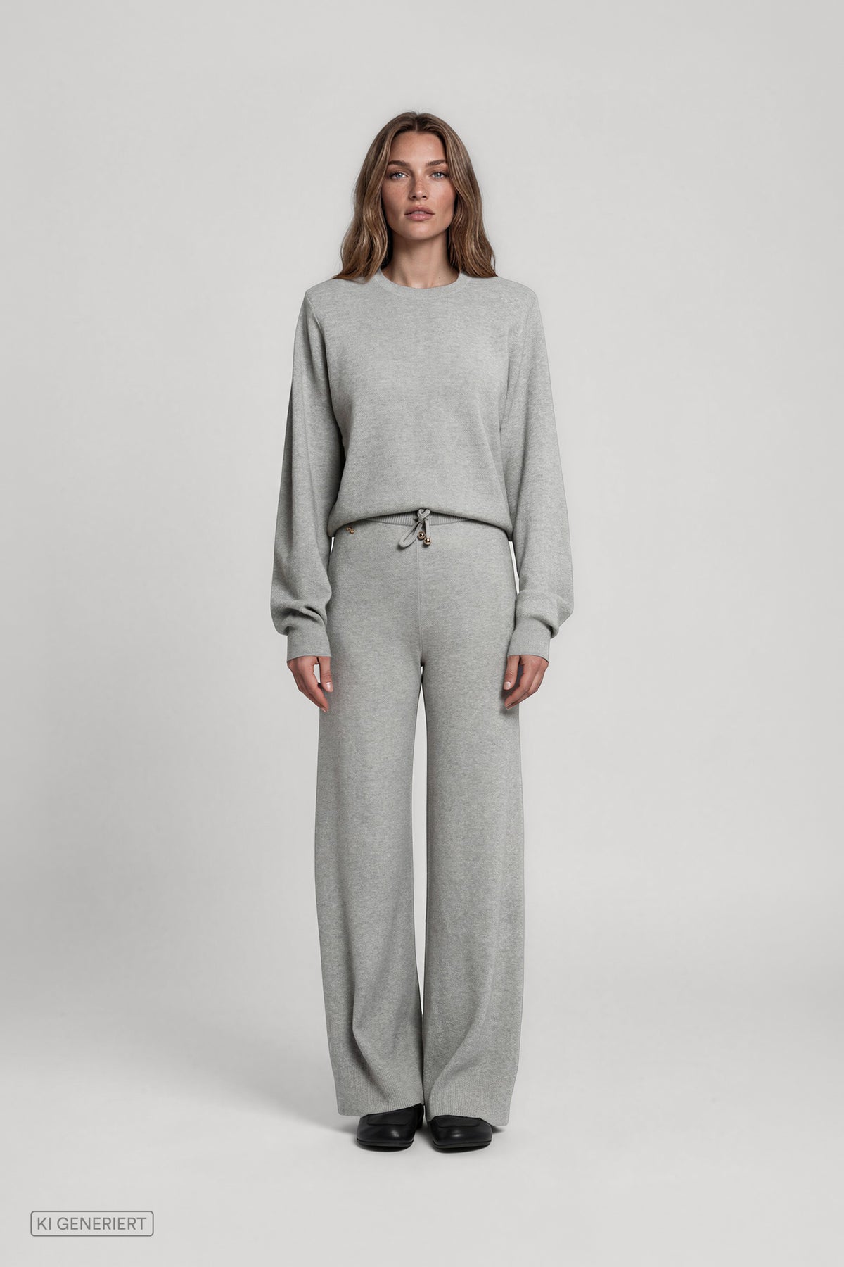 orderansicht eines Models in einem hellgrau melierten Strickset aus langärmligem Pullover mit Rundhalsausschnitt und weit geschnittener Strickhose mit Bindeband.