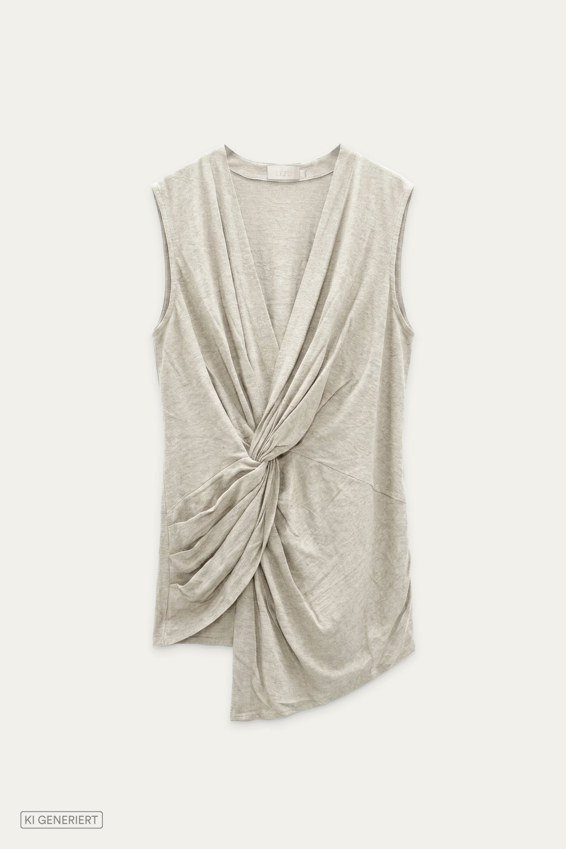 Ärmelloses Top in Beige mit tiefem V-Ausschnitt und drapierter Frontpartie mit Knotendetail.