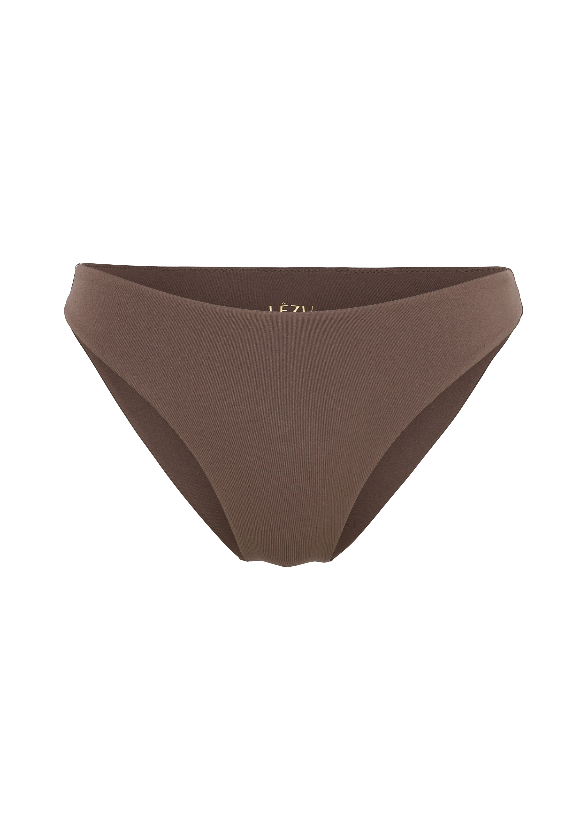 Schlicht geschnittene Bikinihose in Braun mit mittlerer Bundhöhe und glatter Oberfläche. Dezentes Logo innen sichtbar.

