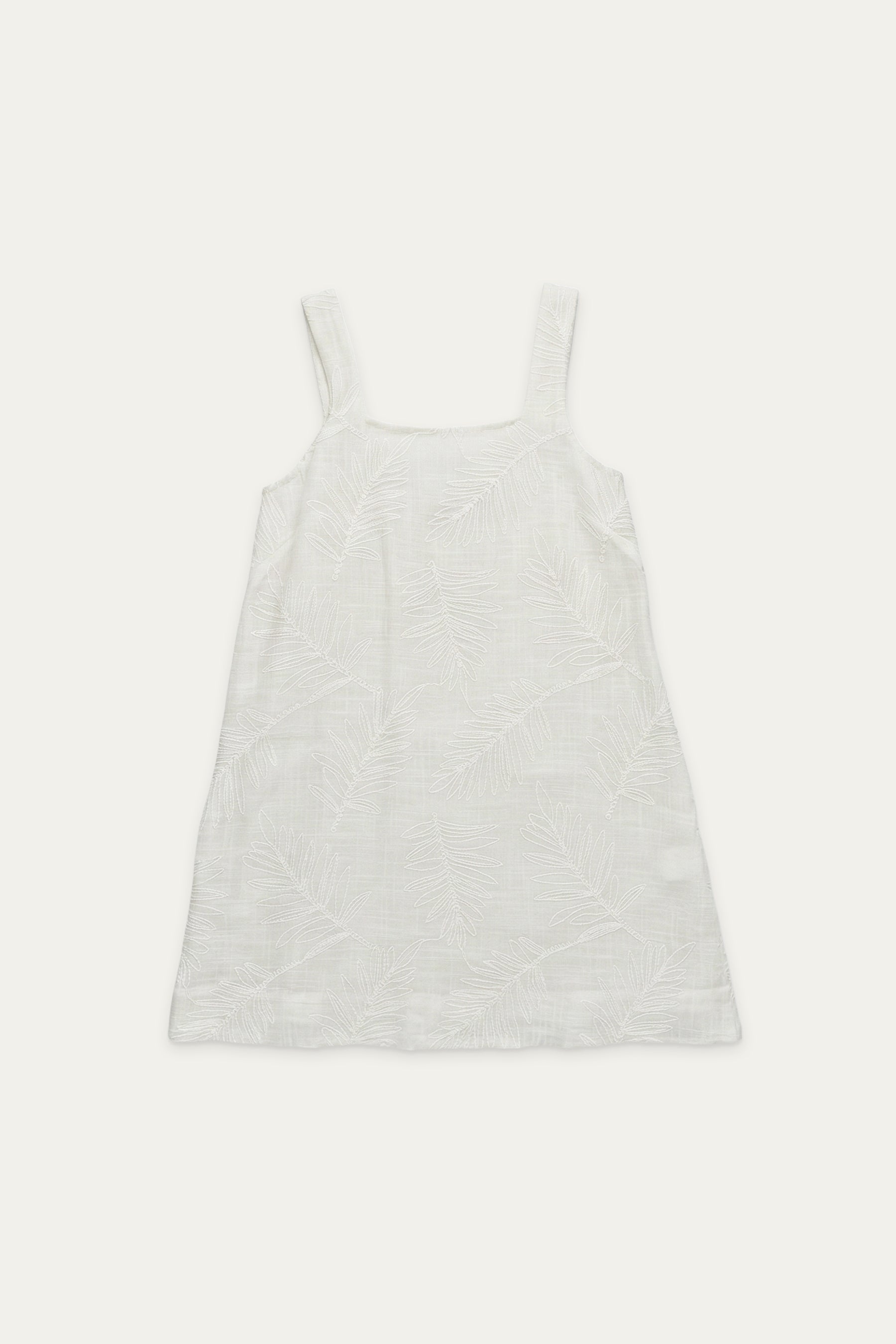 Ärmelloses Kleid in Off-White mit breiten Trägern und eingewebtem Blattmuster, leicht ausgestellt geschnitten