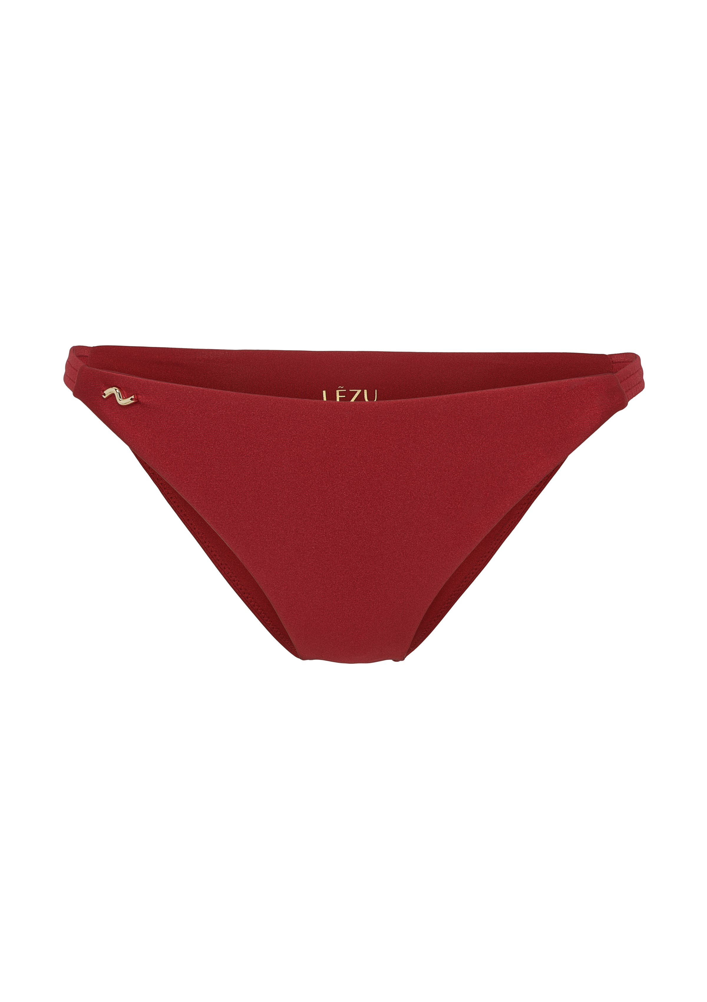 Klassische Bikinihose in dunklem Rot mit mittlerem Beinausschnitt. Goldenes Wellensymbol-Detail seitlich.