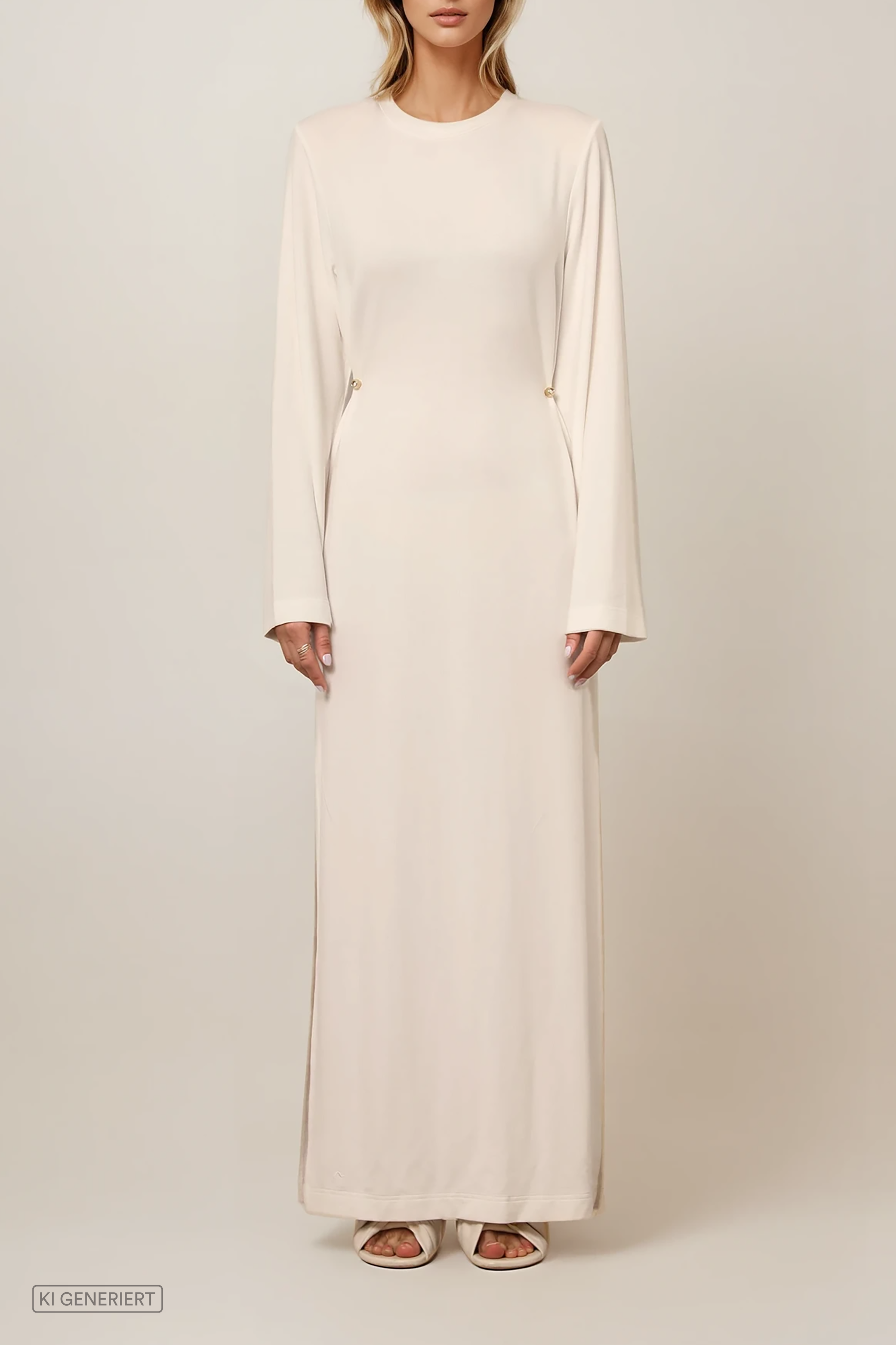 Model trägt ein langes, fließendes Kleid in Off-White mit Rundhalsausschnitt und taillierender Passform durch seitliche Details.