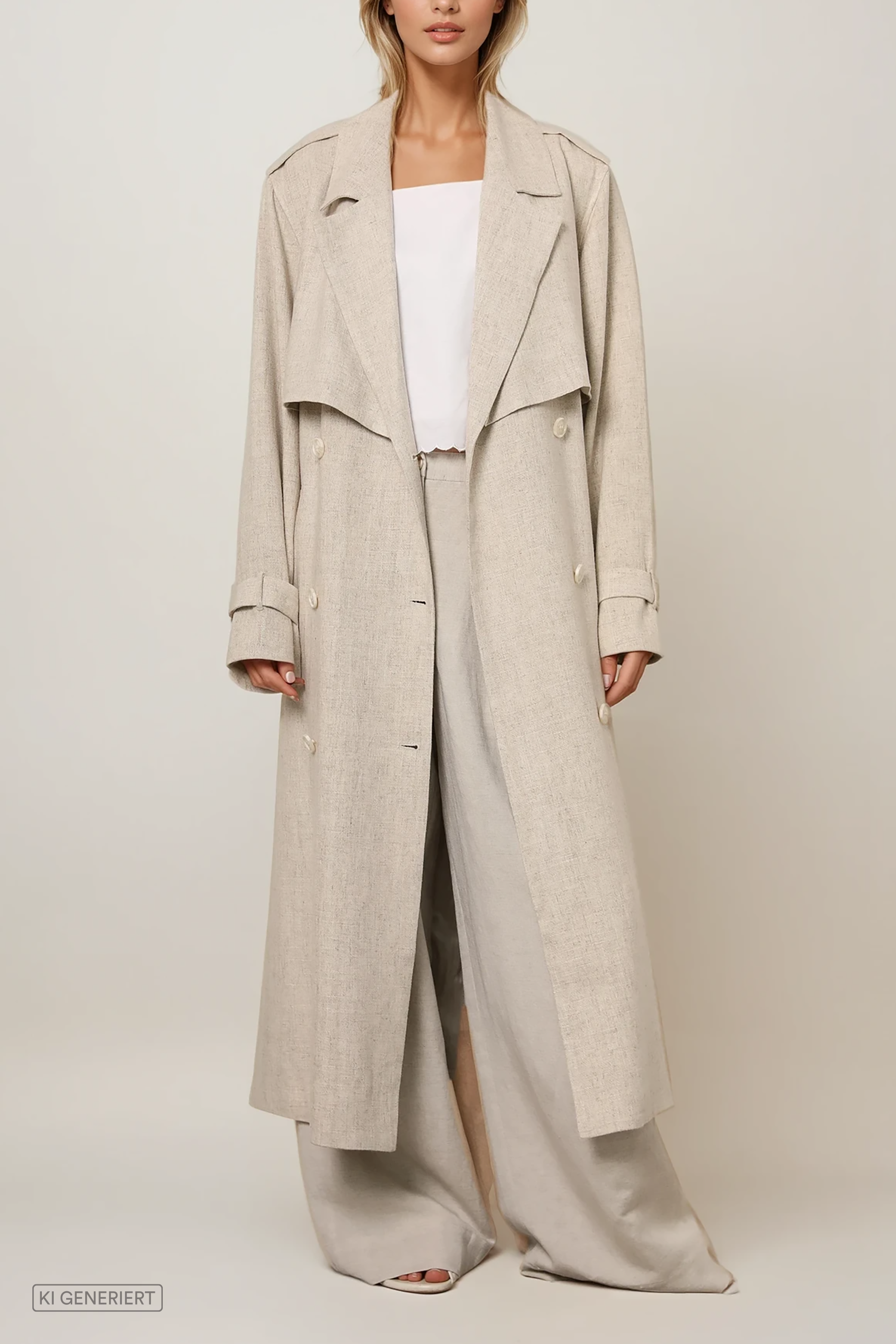 Model trägt einen langen Trenchcoat in Beige Melange mit Reverskragen und Bindegürtel, kombiniert mit weiter Hose.