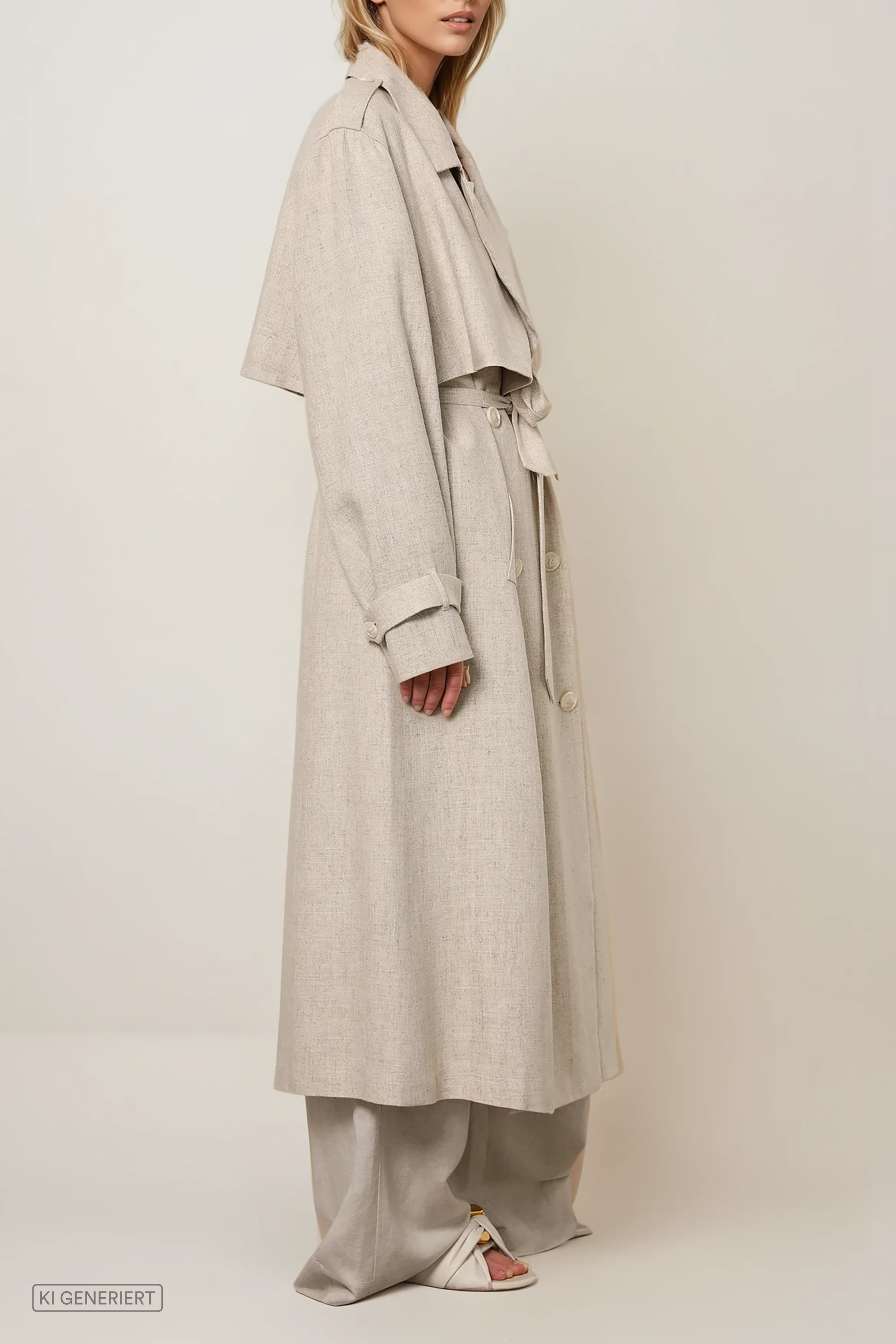 Seitenansicht eines langen Trenchcoats in Beige Melange mit Reverskragen, Bindegürtel und lockerer Passform.