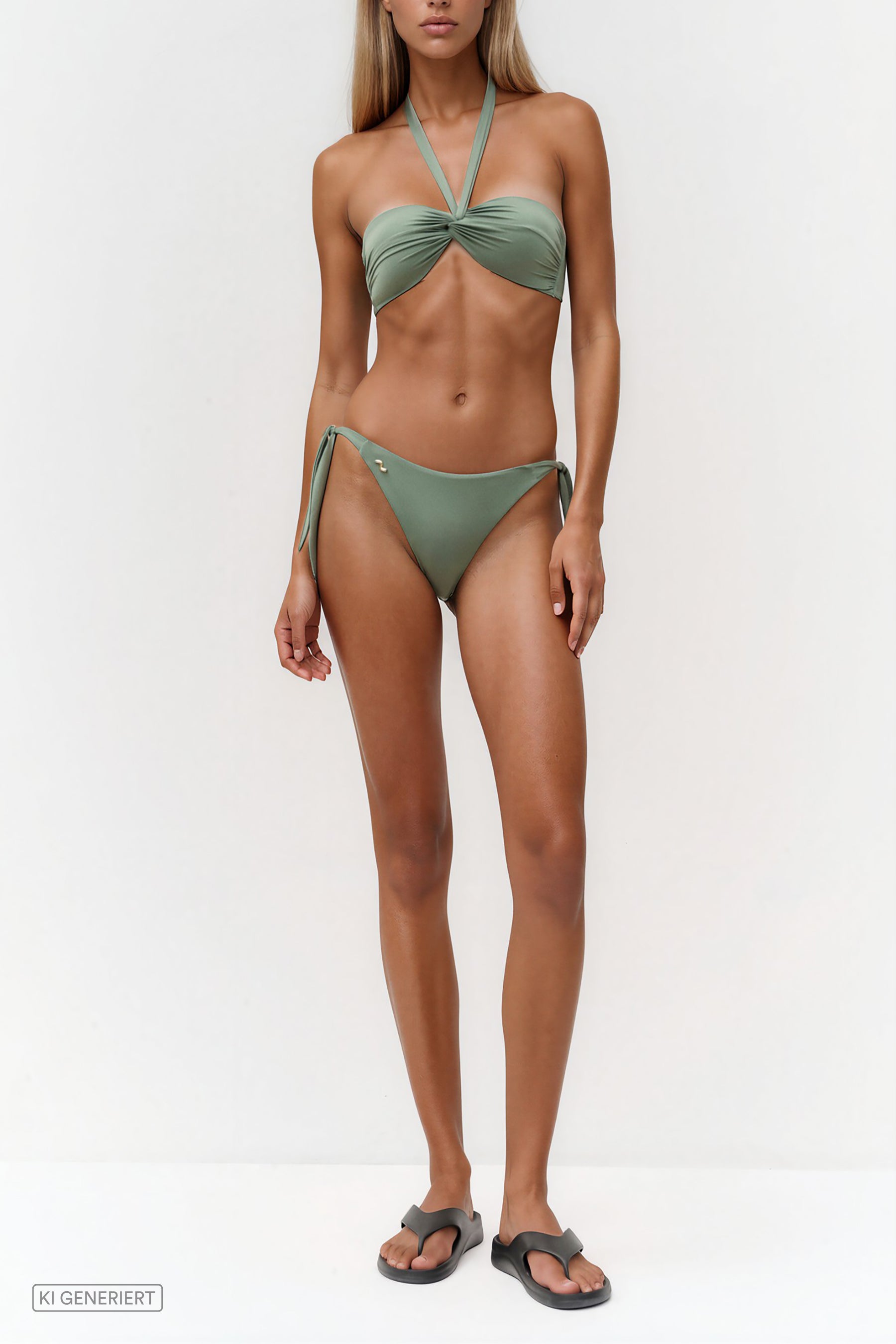 Model trägt einen olivgrünen Bandeau-Bikini mit gerafftem Oberteil und seitlich gebundener Bikinihose vor hellem Hintergrund.