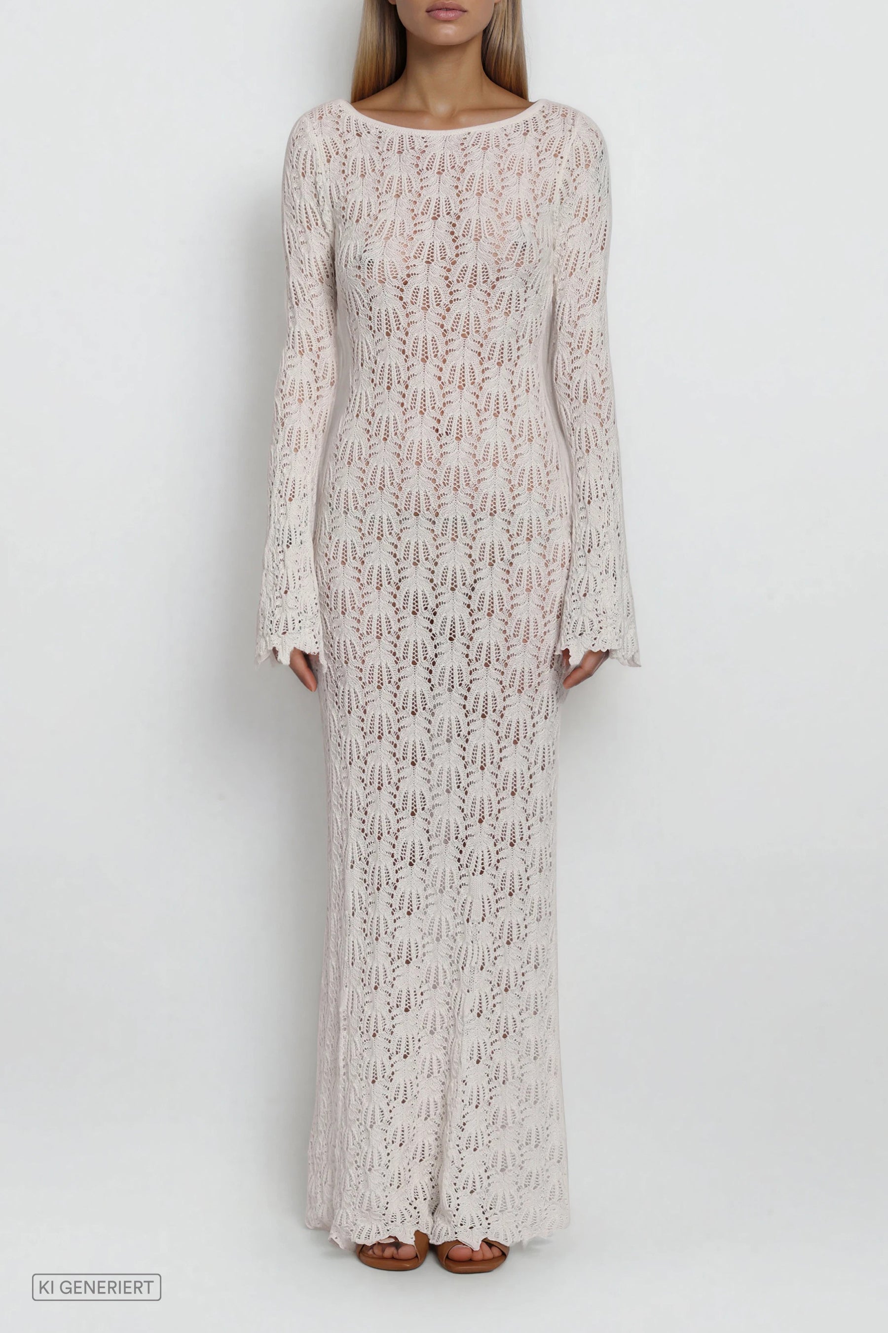 Weißes Maxikleid aus transparentem Strick mit Lochmuster, schmal geschnitten, lange Ärmel, frontale Ansicht