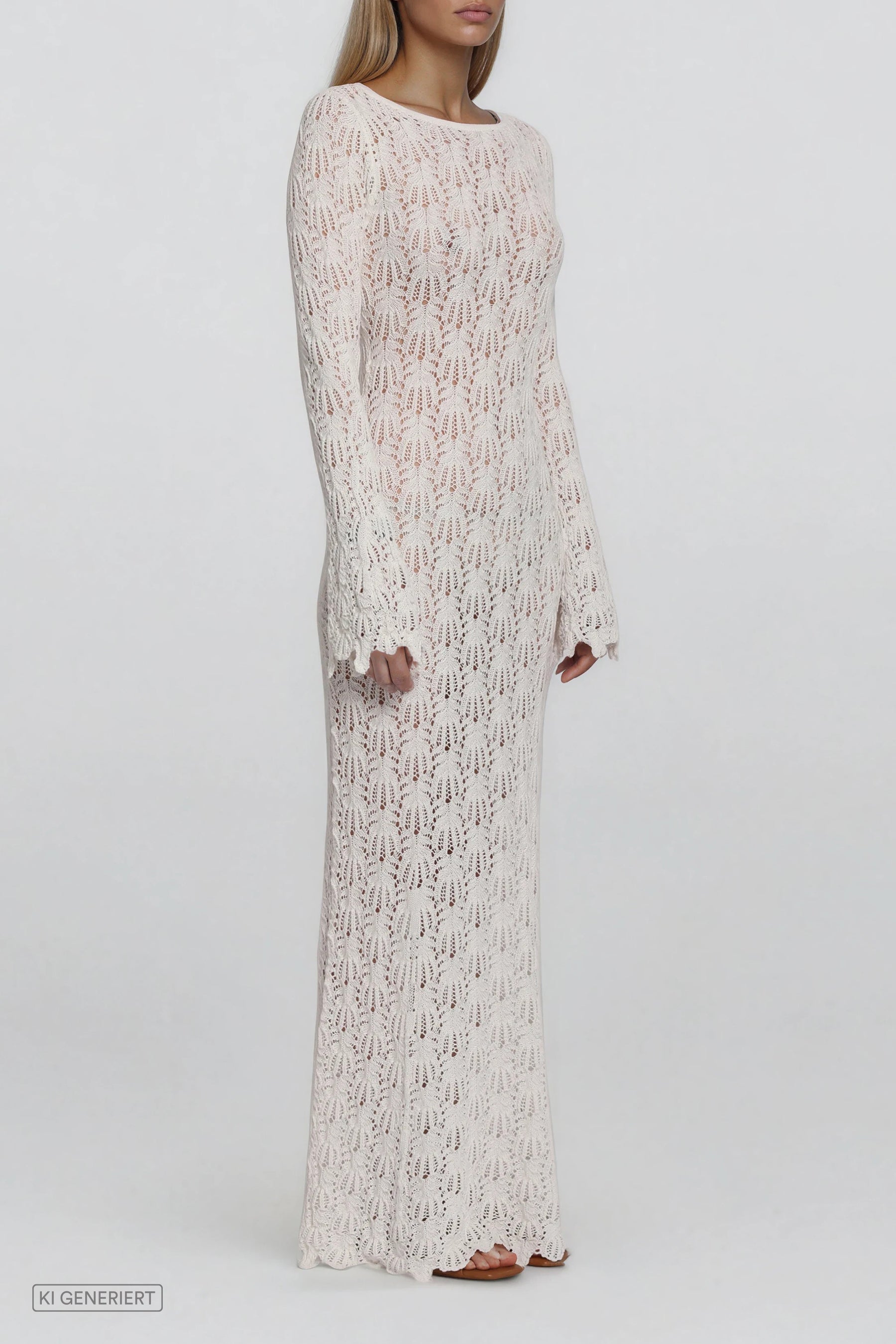 Langes Strickkleid in Weiß mit durchgehendem Lochmuster und Rundhalsausschnitt, seitliche Ansicht