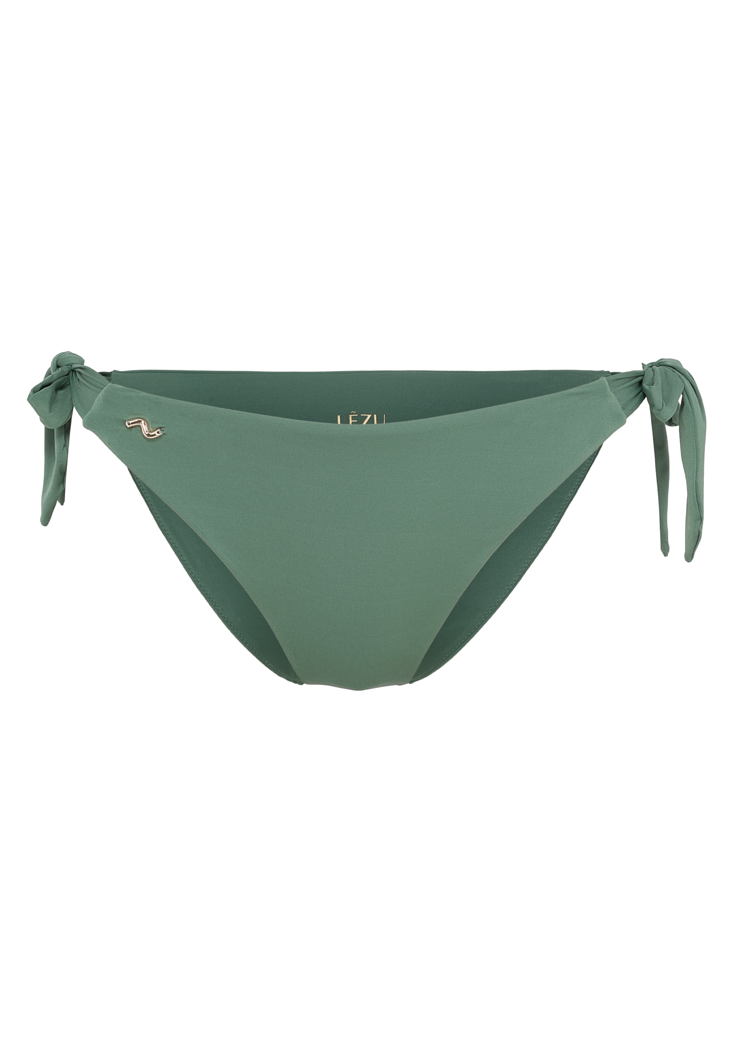 Grüne Bikinihose mit seitlichen Bindebändern und goldfarbenem Wellensymbol vorn. Dezentes, verspieltes Design.