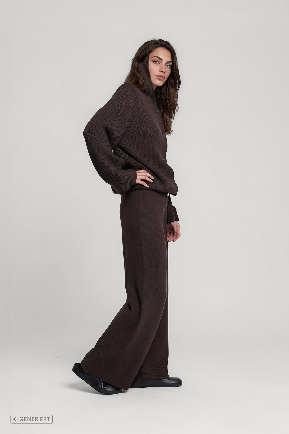 Seitenansicht eines Models in einem dunkelbraunen Strickset aus gerippter Strickjacke mit Kragen und Knopfleiste sowie weit geschnittener Strickhose.