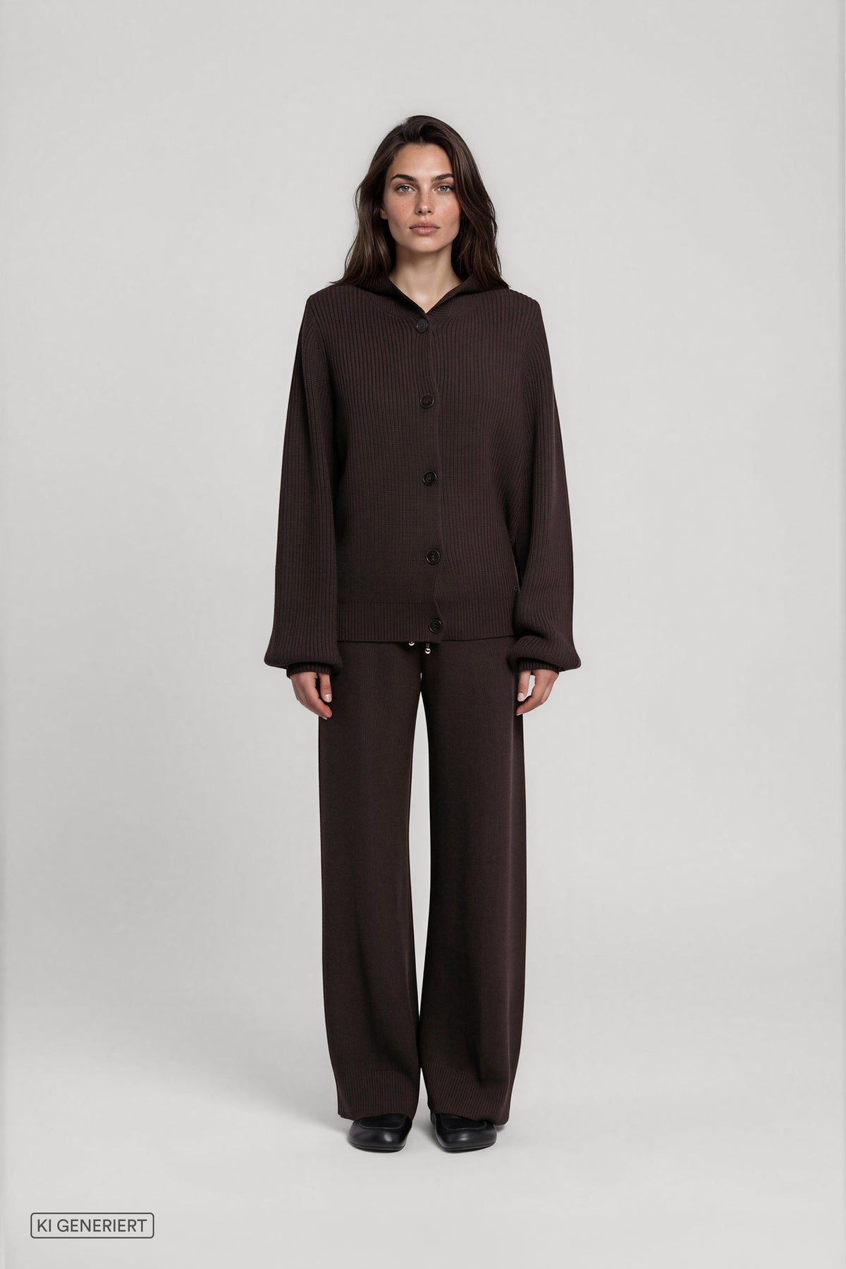 Vorderansicht eines Models in einem dunkelbraunen Strickset aus gerippter Strickjacke mit Kapuze und Knopfleiste sowie weit geschnittener Strickhose.