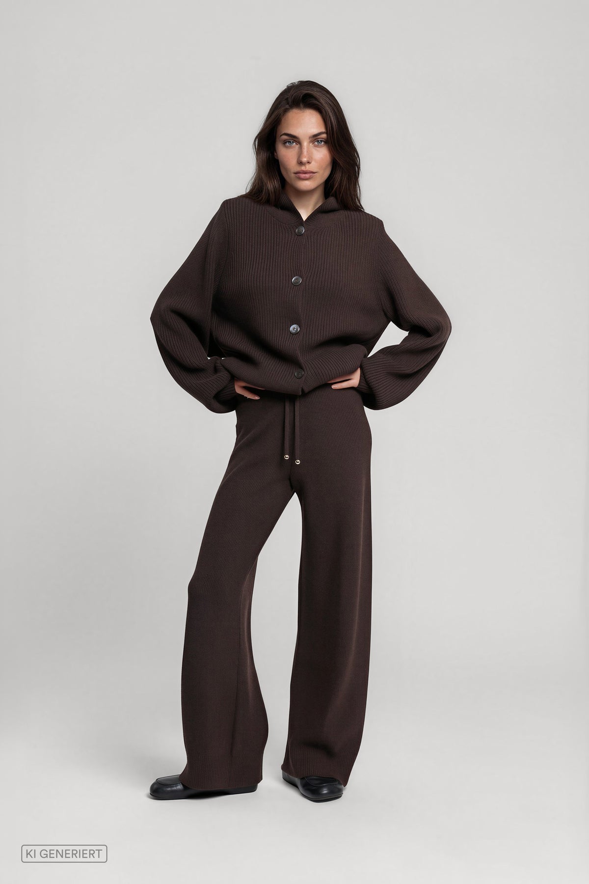 Vorderansicht eines Models in einem dunkelbraunen Strickset aus gerippter Strickjacke mit Kragen und Knopfleiste sowie weit geschnittener Strickhose mit Bindeband.