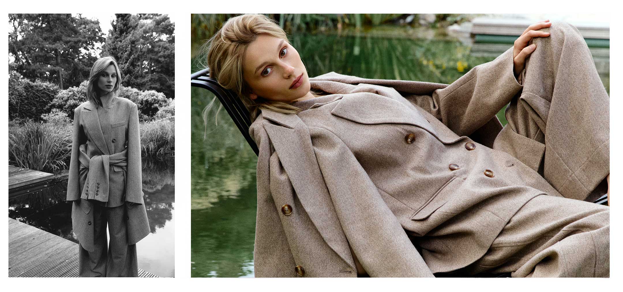 Zweiteiliges Fashion-Layout mit zwei Bildern derselben Frau in einem beigen, strukturierten Anzug-Look.
Links: Schwarzweißaufnahme. Die Frau steht auf einem Holzsteg vor dichter Vegetation. Sie trägt einen langen Blazer mit Gürtelbindung in der Taille und eine weit geschnittene Hose. Ihr Blick ist ruhig, der Look formal und elegant.
Rechts: Farbaufnahme. Die Frau liegt entspannt auf einer schwarzen Sonnenliege vor grünem Wasser. Der beigefarbene Blazer mit großen Knöpfen und der passende Zweiteiler wirken 