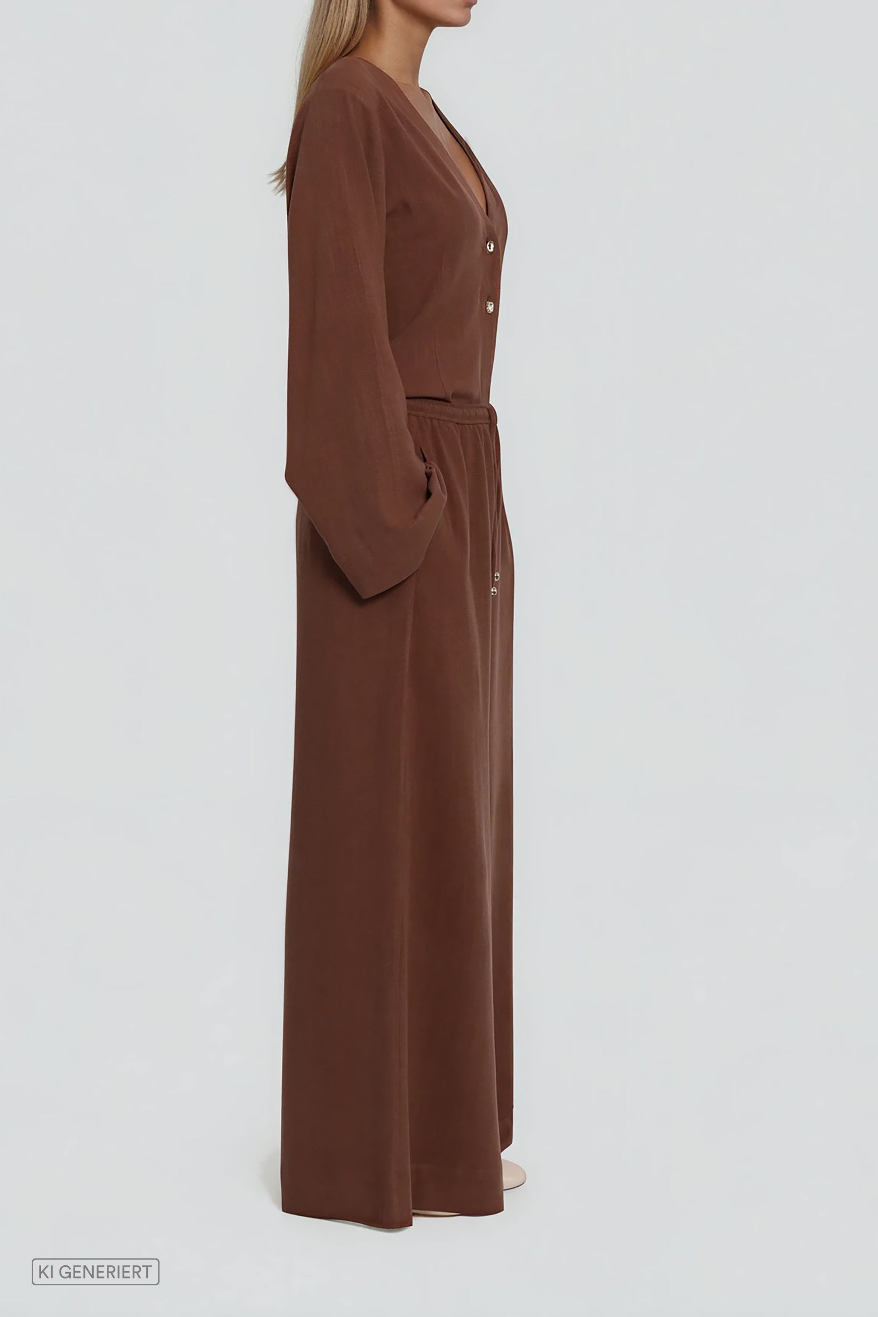 Braunes Set aus Bluse und weiter Hose in Seitenansicht mit fließender Silhouette