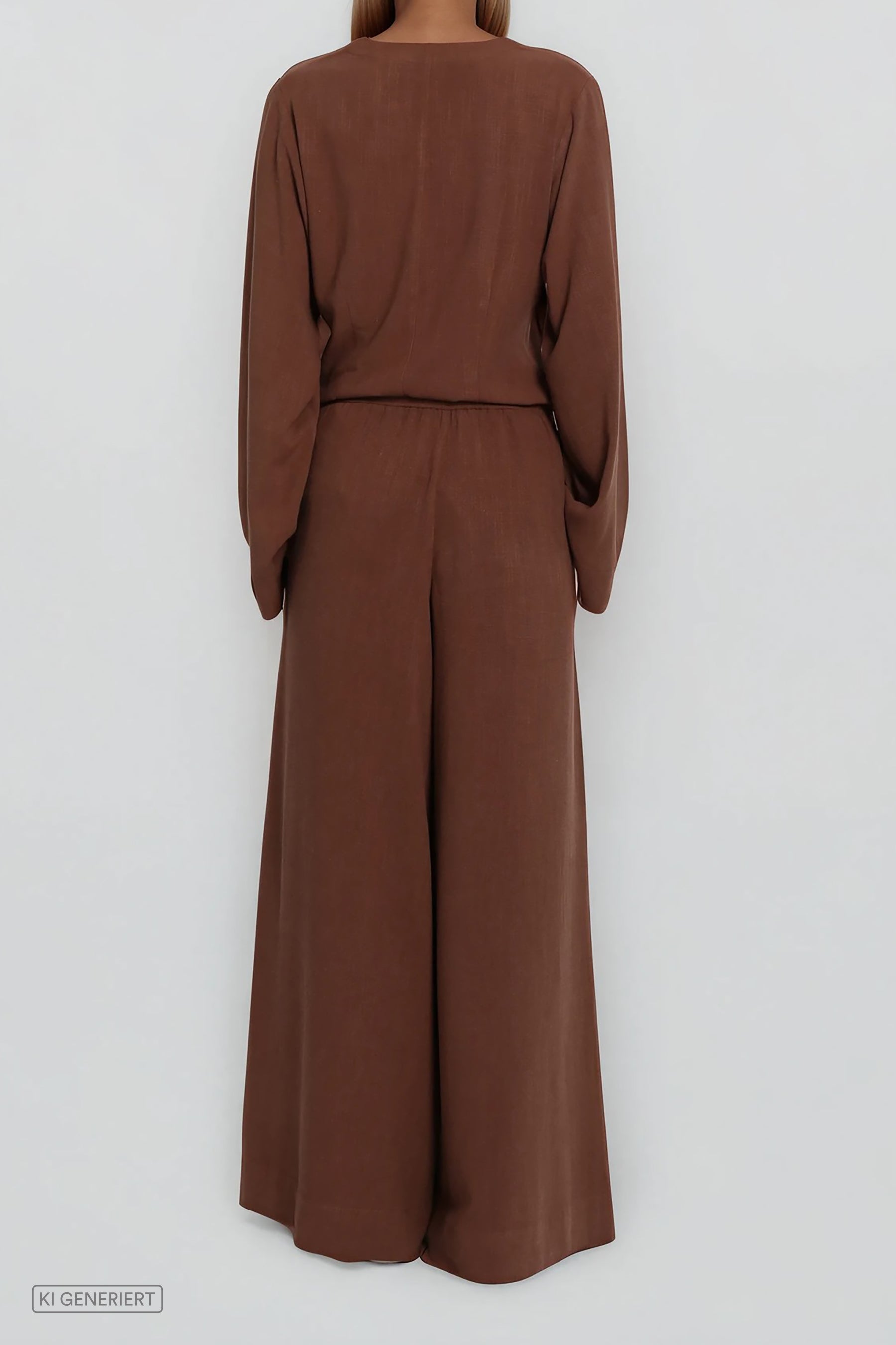 Rückansicht eines braunen Sets mit langärmliger Bluse und weit geschnittener Hose