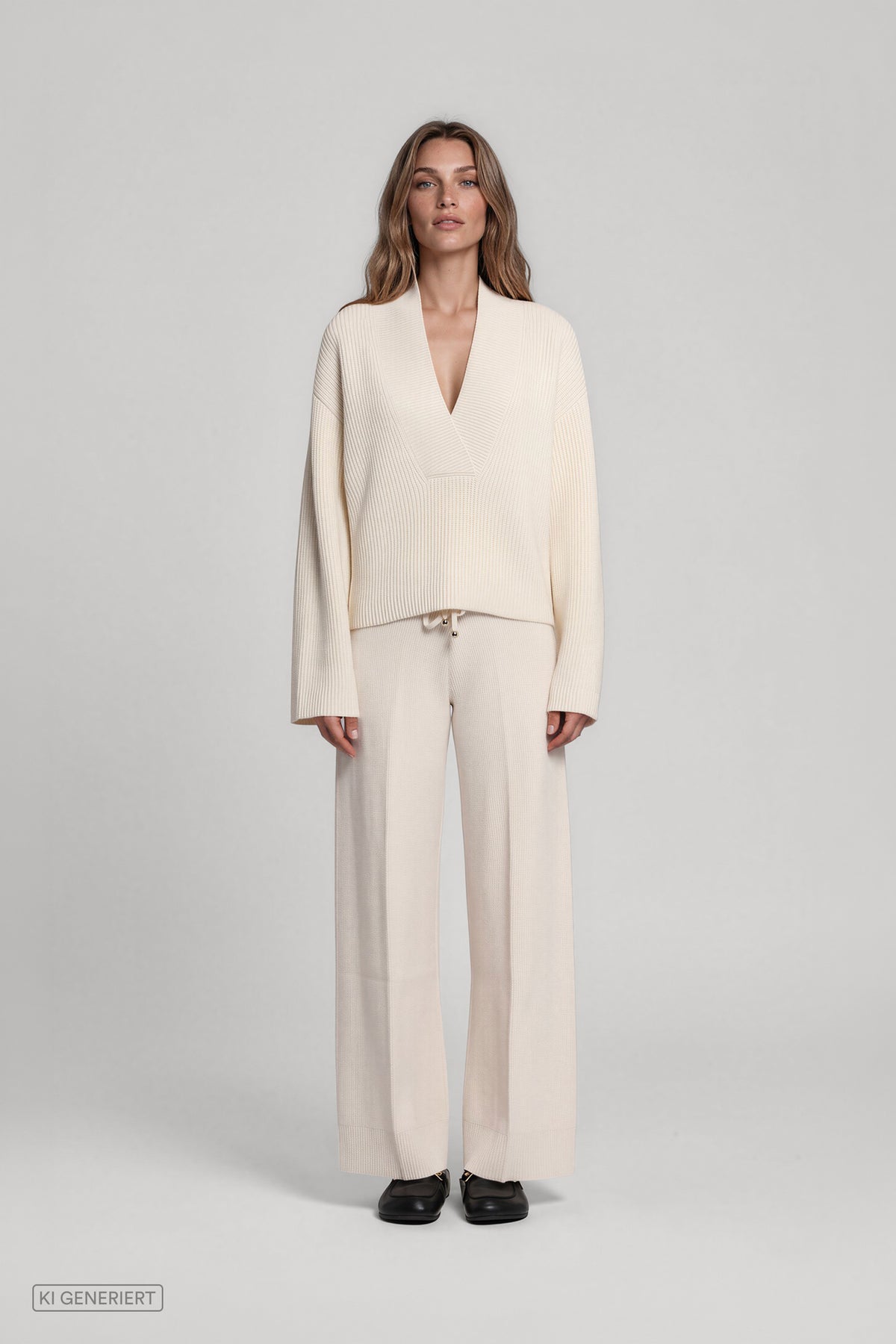 Vorderansicht eines Models in einem cremefarbenen Strickset aus geripptem Pullover mit tiefem V-Ausschnitt und weit geschnittener Strickhose mit Bindeband.