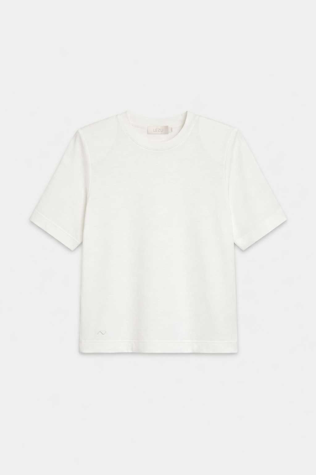 Cremefarbenes T-Shirt mit Rundhalsausschnitt und kurzen Ärmeln, gerade geschnitten, Frontansicht