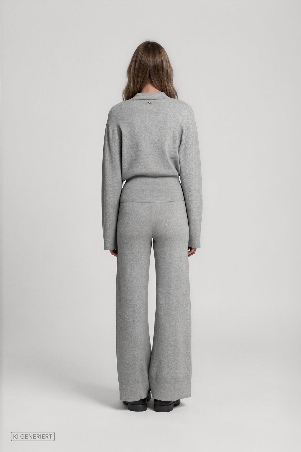 Rückansicht eines Models in einem hellgrau melierten Strickset aus langärmeliger Strickjacke und weit geschnittener Hose.
