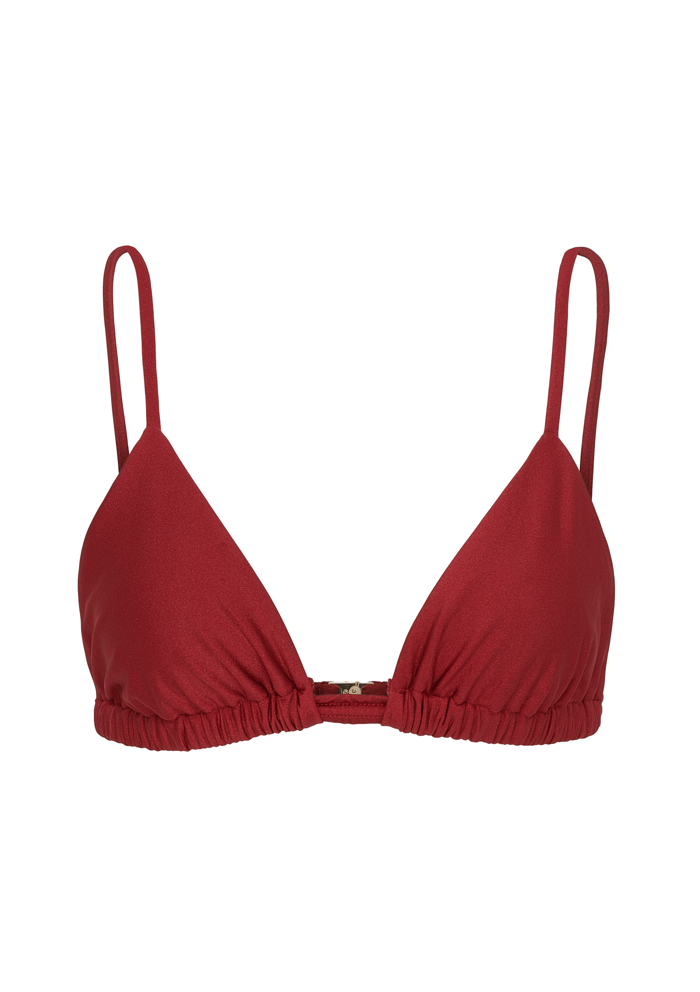Rotes Triangel-Bikinioberteil mit schmalen Trägern und leicht gerafftem Unterbrustband. Clipverschluss hinten.