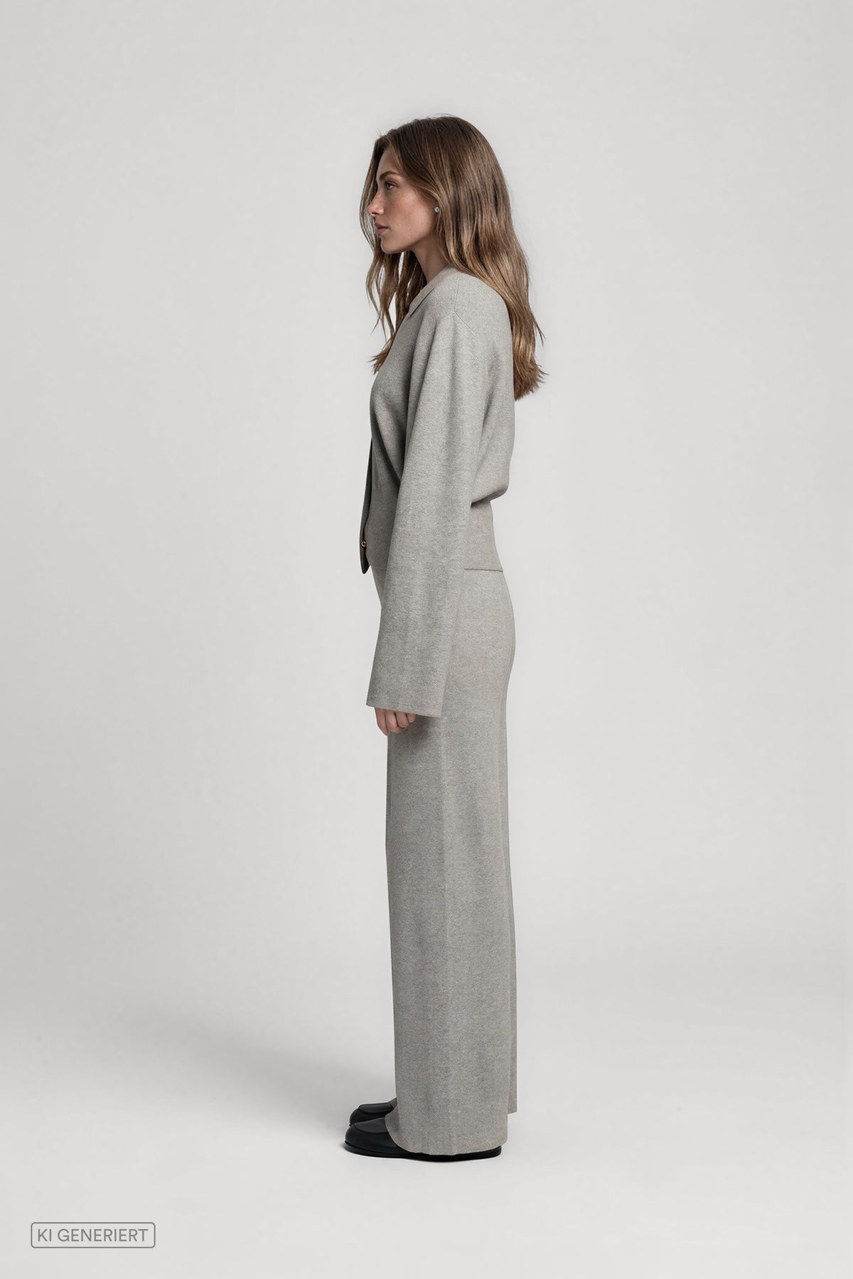 Seitenansicht eines Models in einem hellgrau melierten Strickset aus langärmeliger Strickjacke mit Kragen und weit geschnittener Hose.