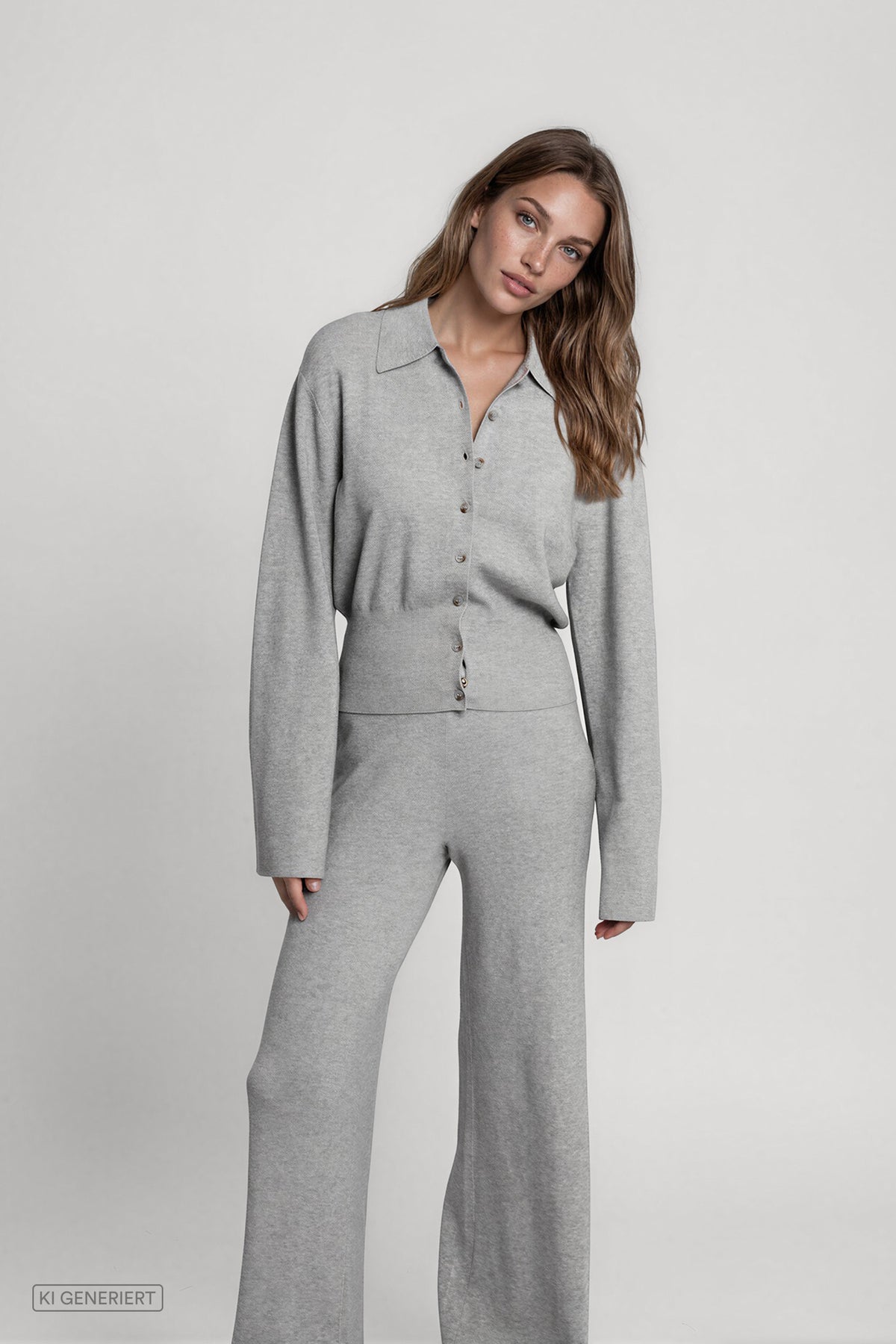 Model trägt ein hellgrau meliertes Strickset aus einer langärmeligen Strickjacke mit Kragen und Knopfleiste sowie einer weit geschnittenen Hose.